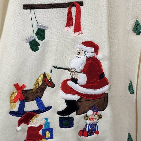 Size XL Santa's Workshop Christmas Scene Applique Buttoned Cardigan Karen Scott - Picture 6 of 11